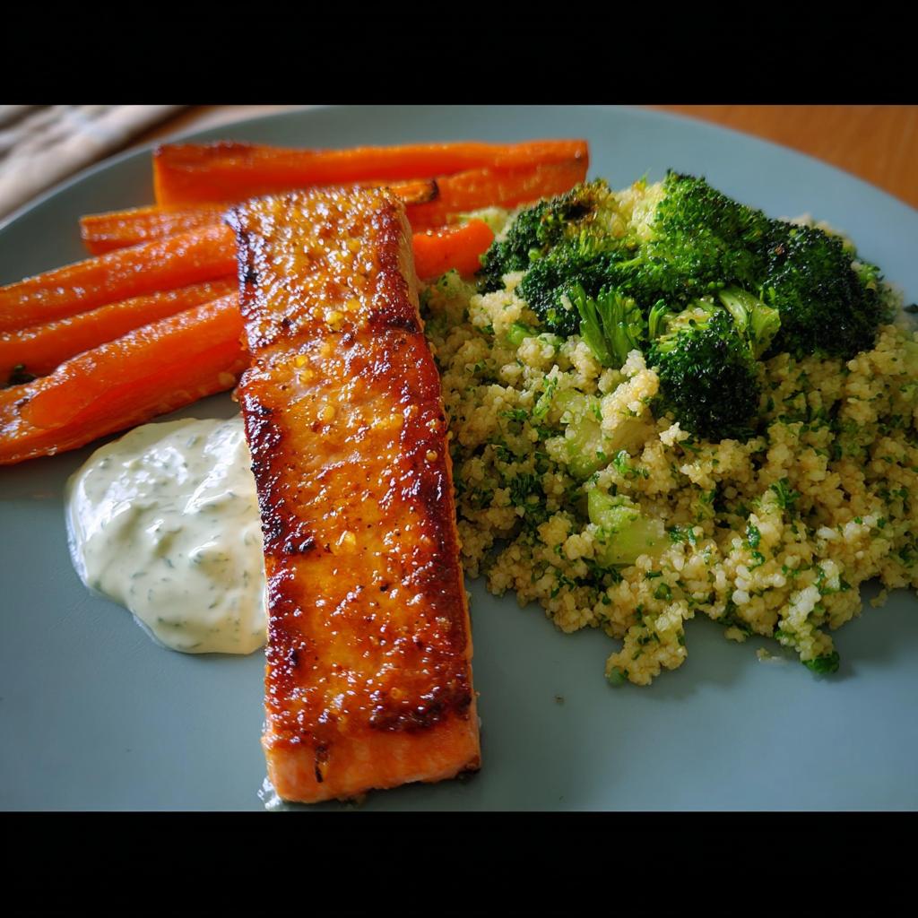 Ein Teller mit Ofen-Lachs mit Brokkoli & Senf-Dill-Joghurt, dazu Karotten und Couscous.