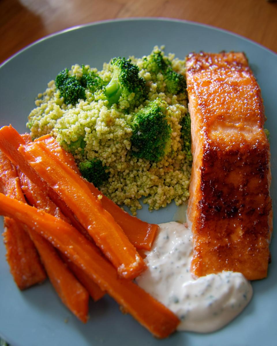 Gebackenes Stück Ofen-Lachs mit Brokkoli-Couscous, Karottensticks und Senf-Dill-Joghurt.