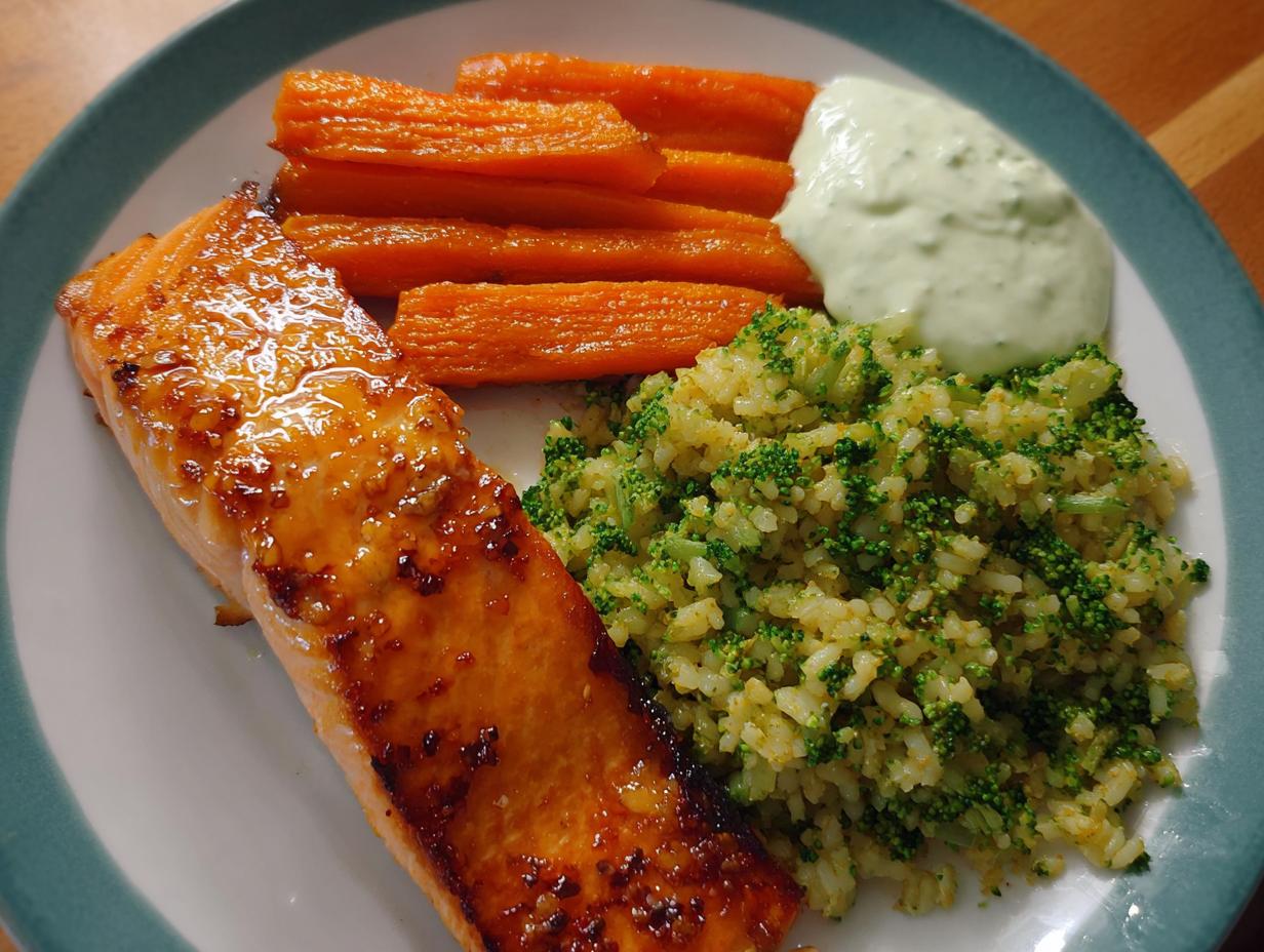 Teller mit Ofen-Lachs mit Brokkoli, Karotten und Senf-Dill-Joghurt Sauce.