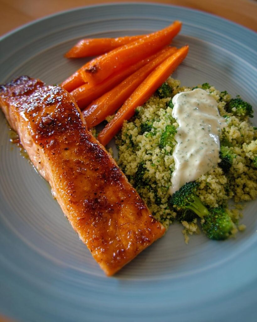 Gebackenes Lachsfilet mit Brokkoli-Couscous, Karotten und Senf-Dill-Joghurt-Sauce: Ofen-Lachs mit Brokkoli & Senf-Dill-Joghurt.