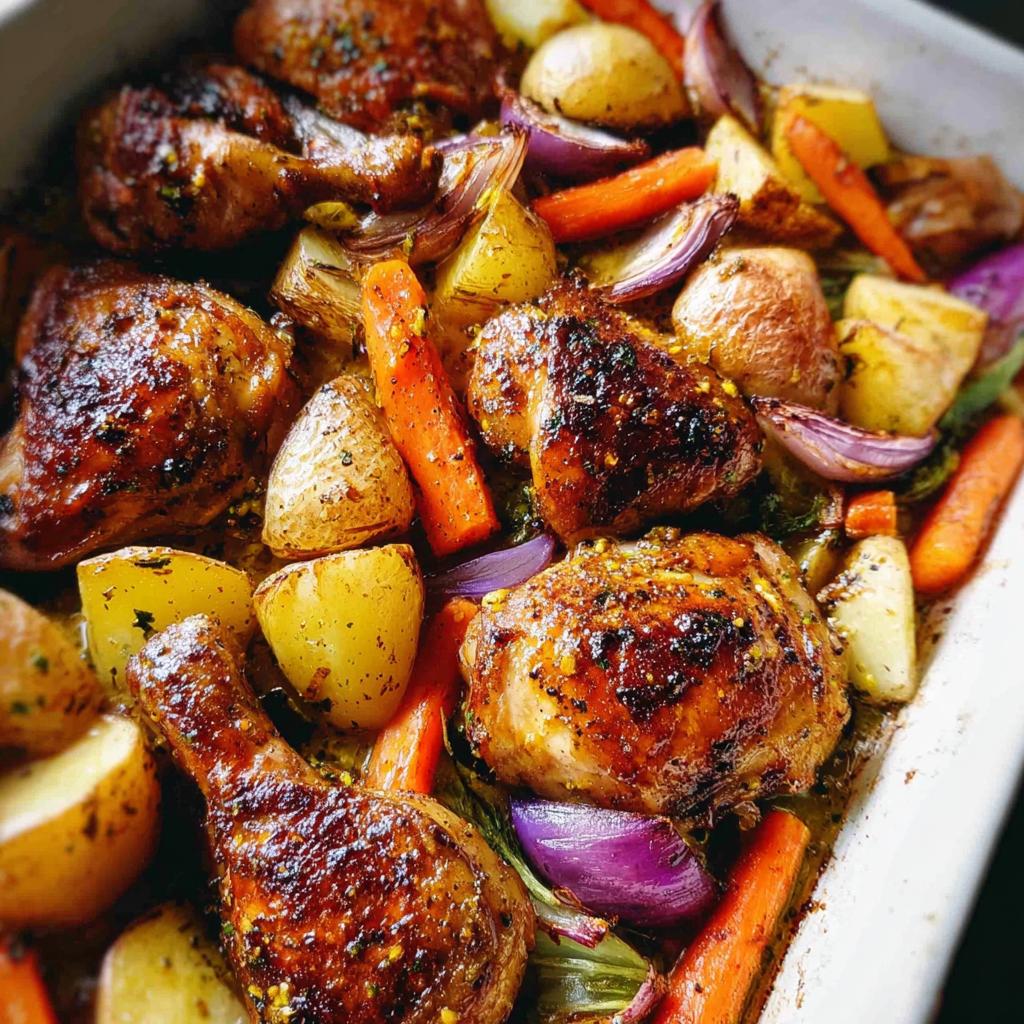 Close-up of baked One-Pan Honey Mustard Chicken & Veggies with potatoes, carrots, and red onion.