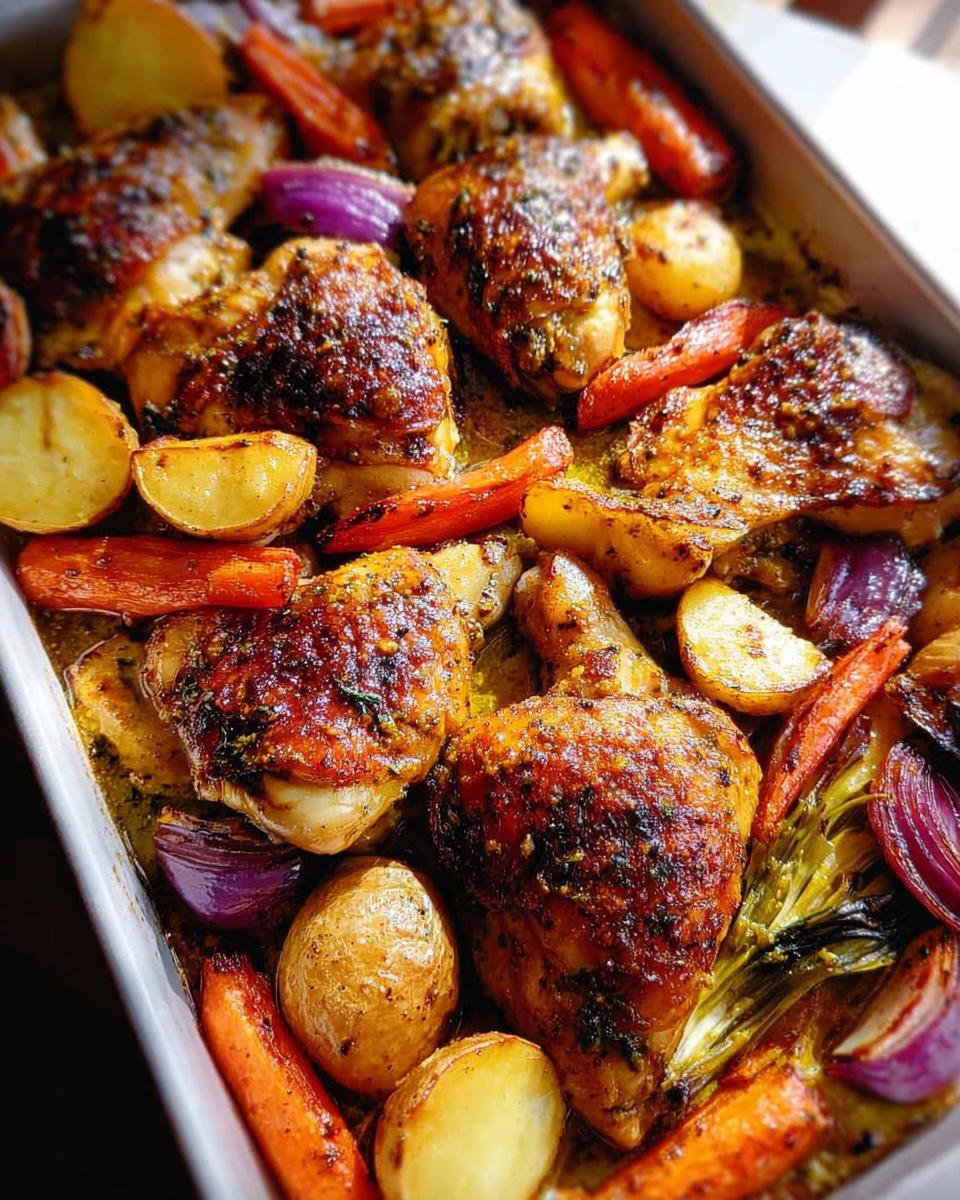 Close-up of crispy One-Pan Honey Mustard Chicken & Veggies with potatoes, carrots, and red onion.