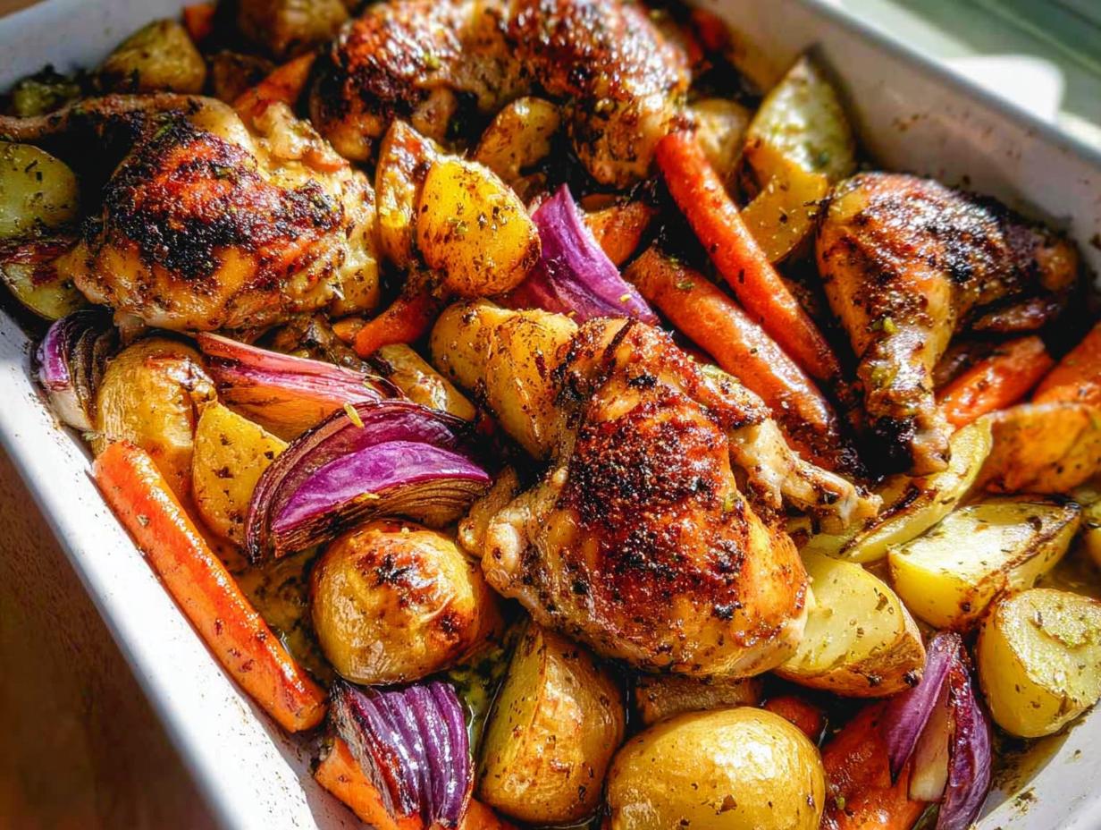 Close-up of One-Pan Honey Mustard Chicken & Veggies with roasted potatoes, carrots, and red onions in a white baking dish.
