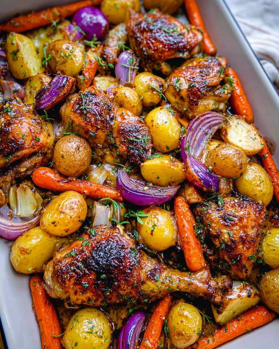 Close-up of One-Pan Honey Mustard Chicken & Veggies with roasted potatoes, carrots, and red onions.