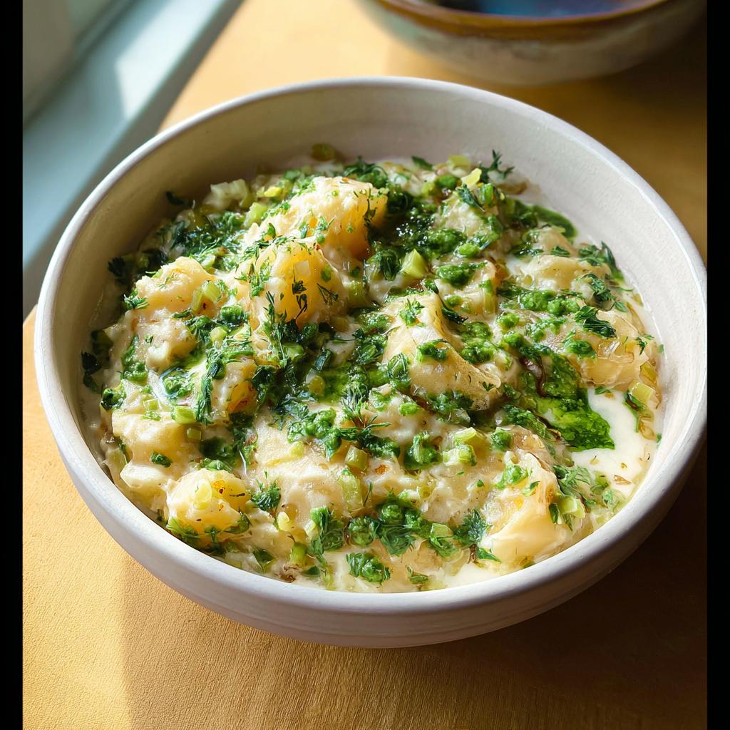Close-up of a creamy One-Pot Creamy Potato & Leek Medley topped with vibrant green herbs.
