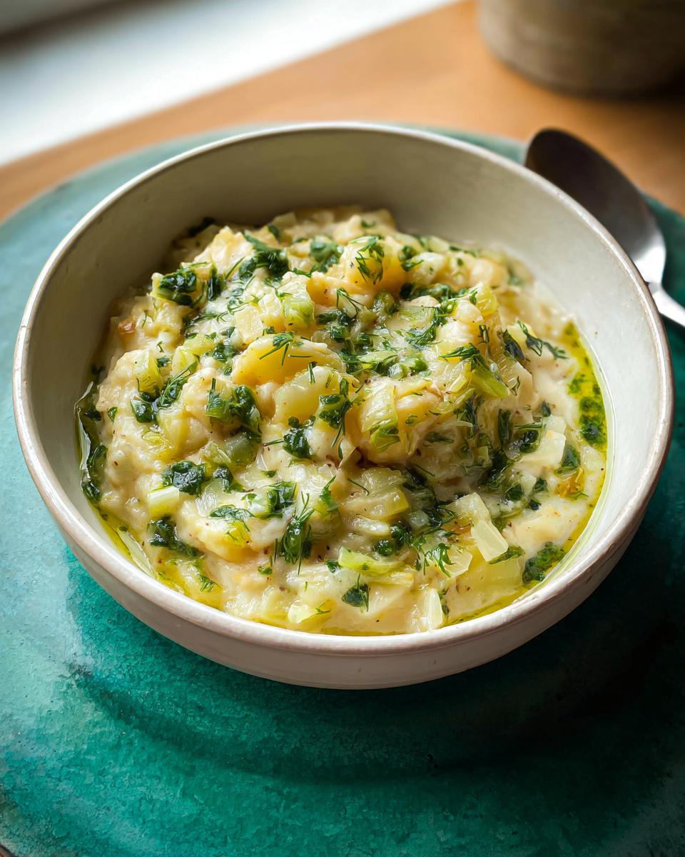 Close-up of One-Pot Creamy Potato & Leek Medley topped with fresh herbs and oil in a light bowl.