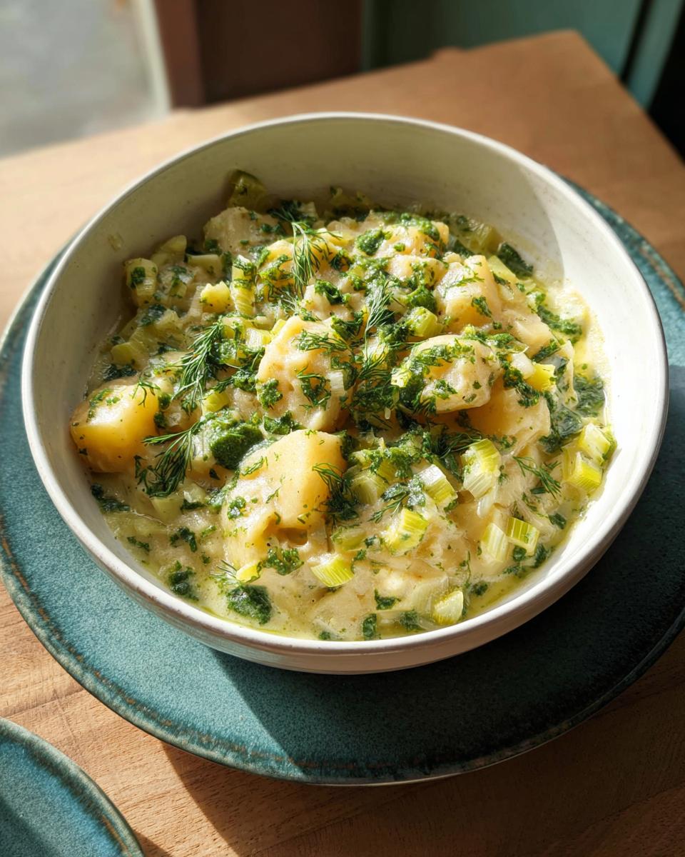 A close-up of a bowl filled with One-Pot Creamy Potato & Leek Medley, topped with fresh green herbs.