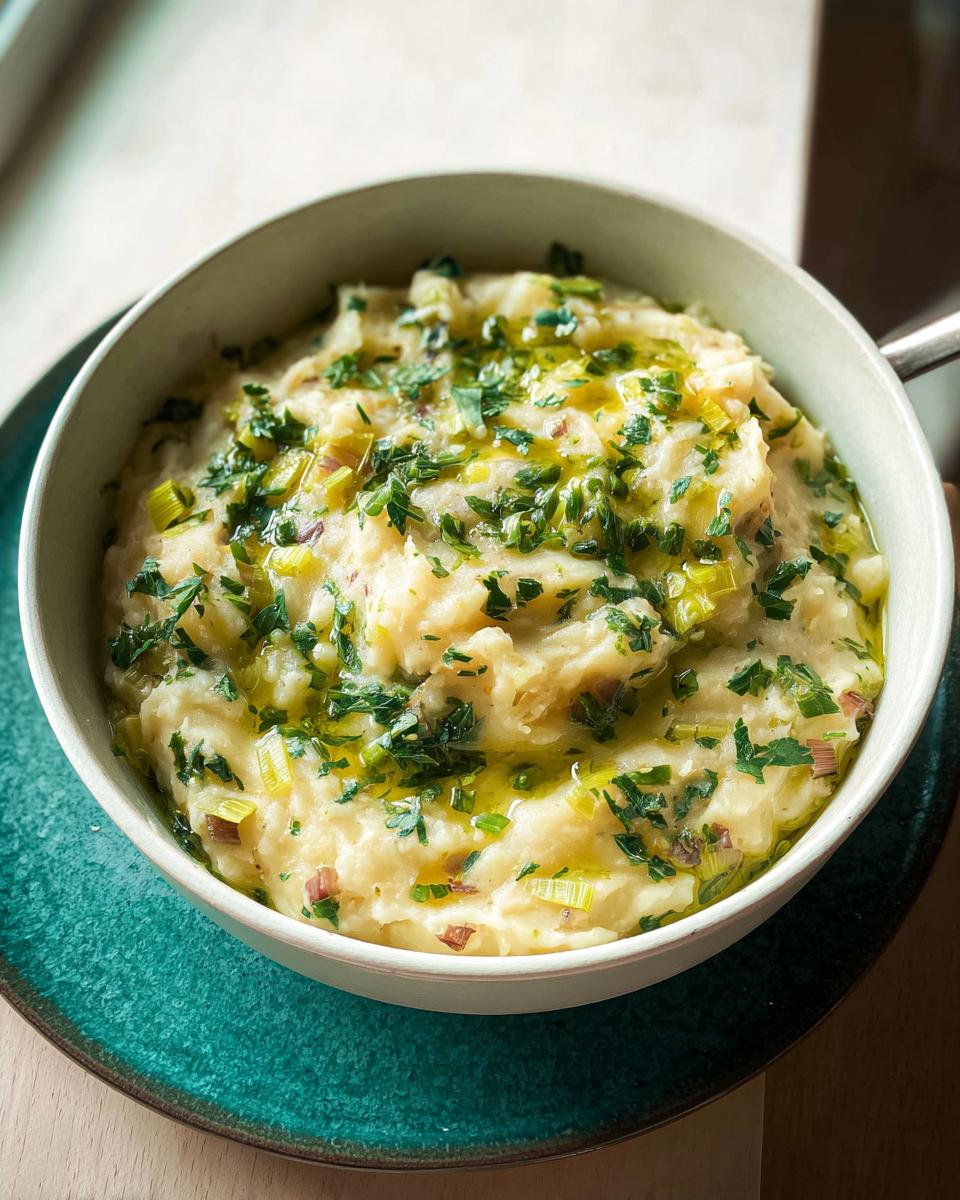A close-up of a creamy One-Pot Creamy Potato & Leek Medley topped with melted butter, fresh parsley, and chopped leeks.