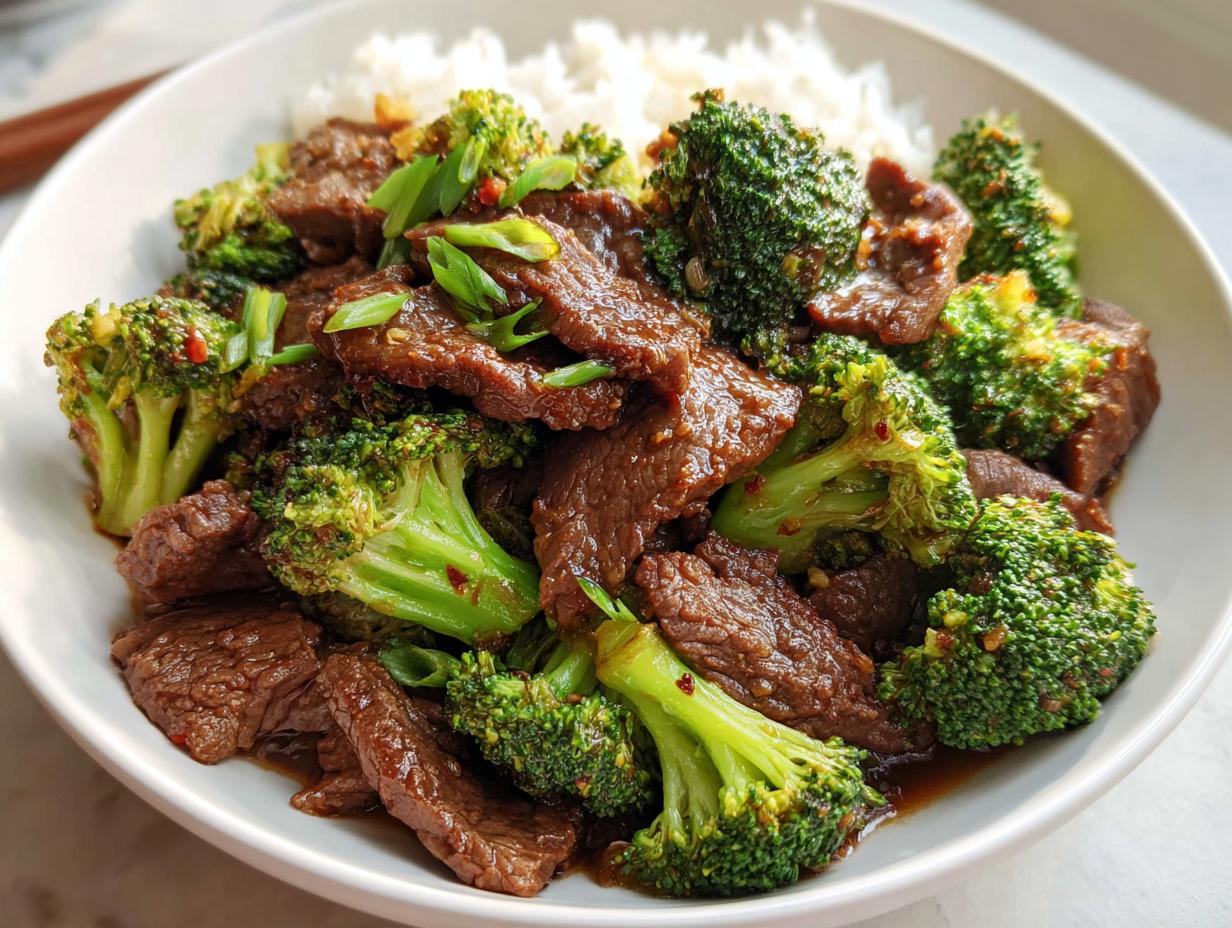 Nahaufnahme von Rindfleisch mit Brokkoli in dunkler Soße, serviert mit weißem Reis.