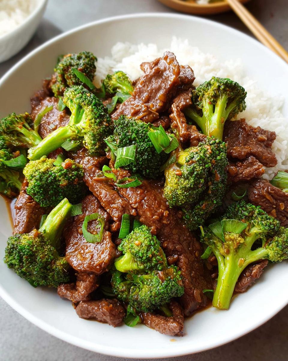Nahaufnahme von Rindfleisch mit Brokkoli in dunkler Sauce, serviert auf weißem Reis in einer weißen Schüssel.