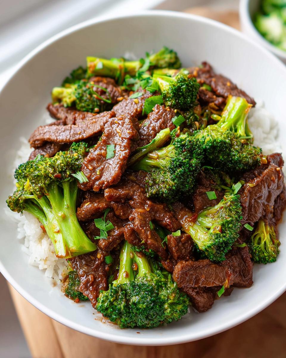 Nahaufnahme von Rindfleisch mit Brokkoli in einer dunklen Soße, serviert über weißem Reis in einer weißen Schüssel.