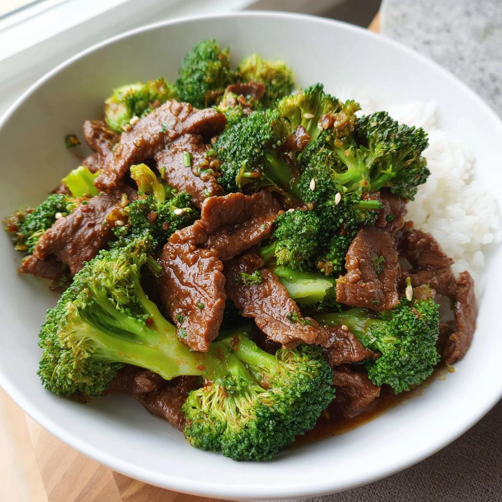 Nahaufnahme von Rindfleisch mit Brokkoli, glasiert in einer dunklen Soße, serviert mit weißem Reis.