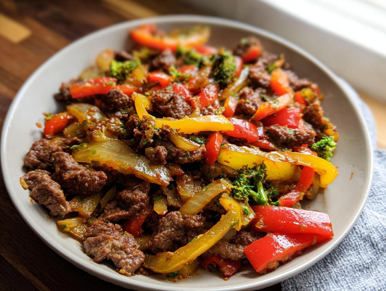 Nahaufnahme des besten Rindfleisch Pfannengericht mit saftigen Rindfleischstücken, gelber und roter Paprika sowie Zwiebeln.