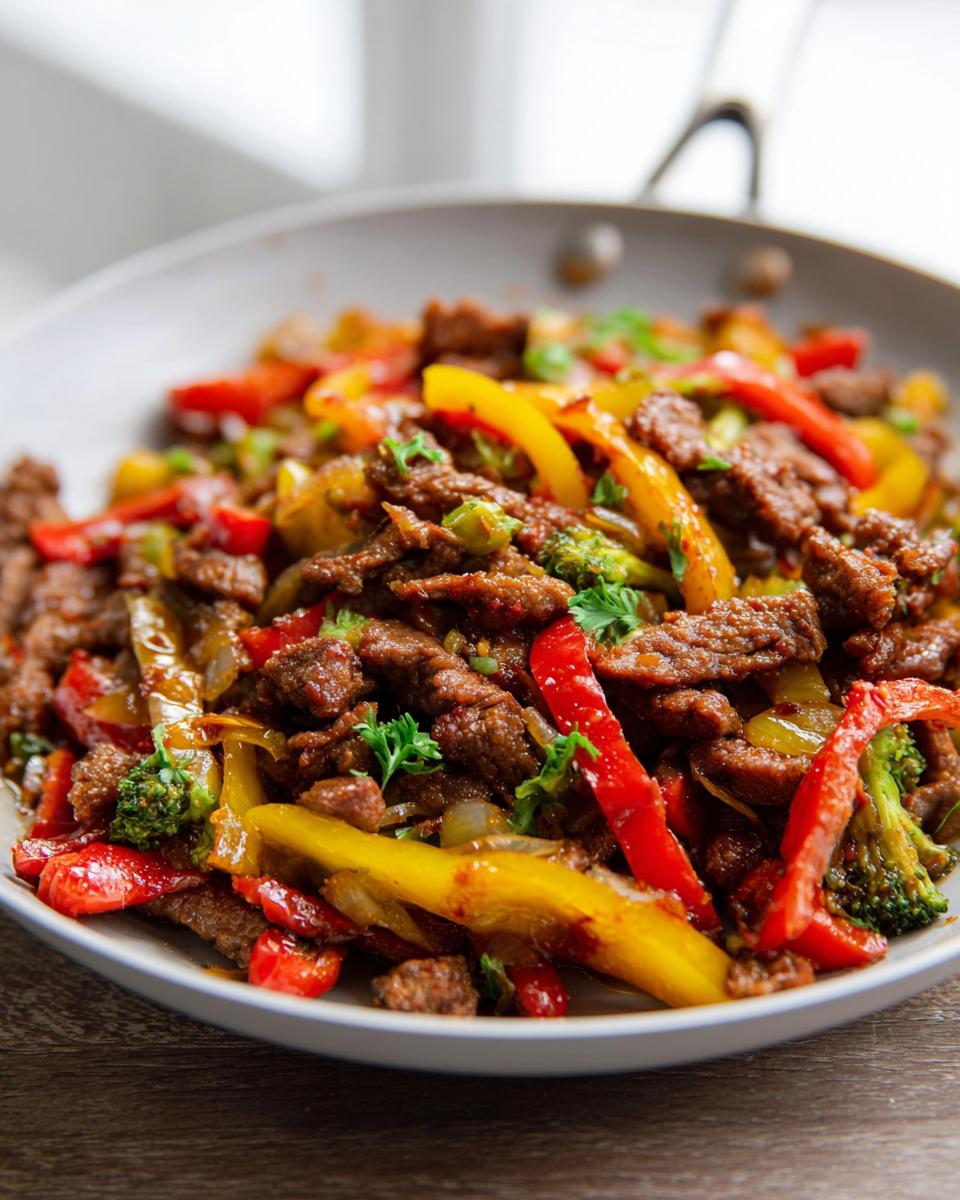 Nahaufnahme eines fertigen Rindfleisch Pfannengericht mit Streifen von Rindfleisch, roten und gelben Paprika und Brokkoli.