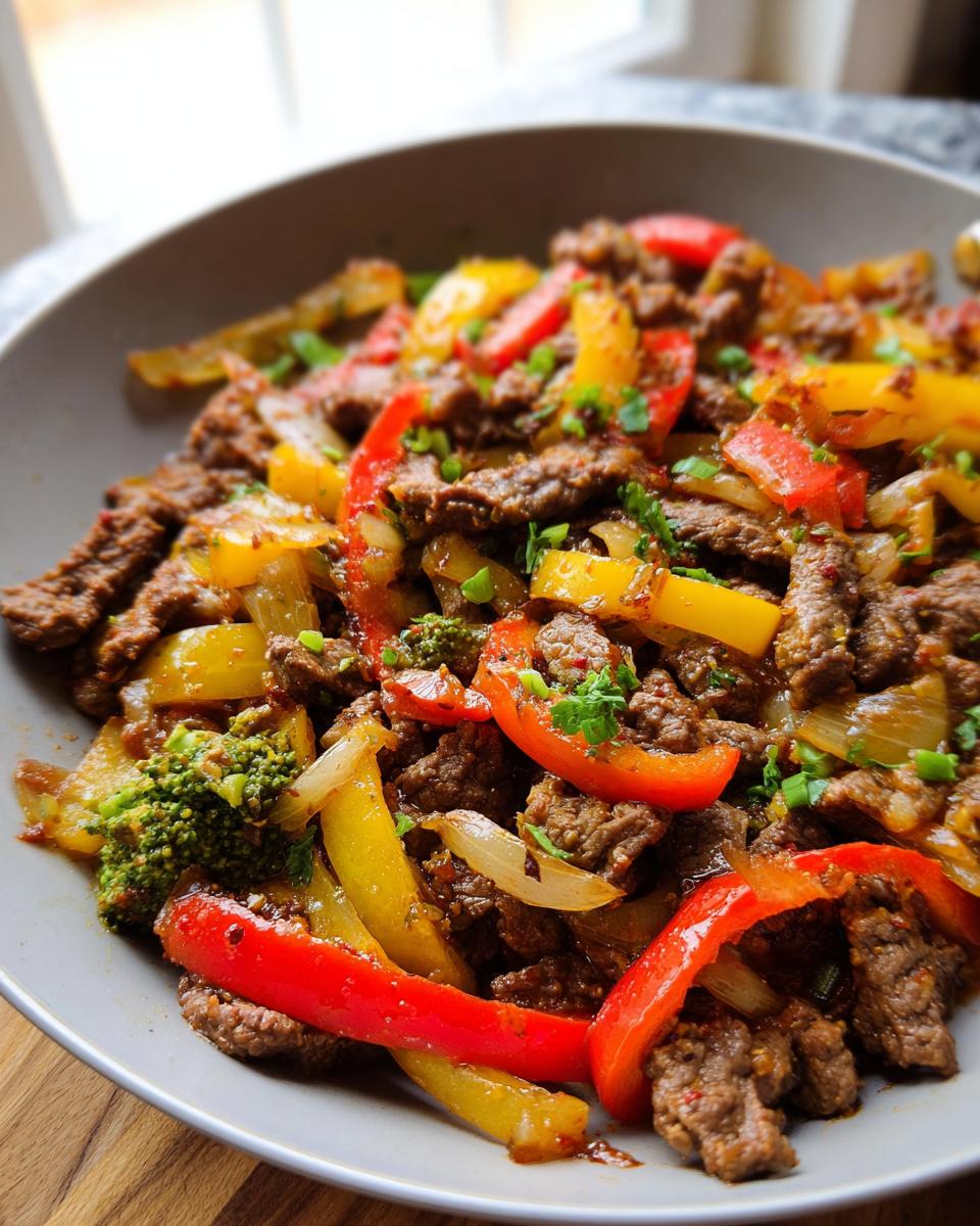 Nahaufnahme eines fertigen Rindfleisch Pfannengericht mit Streifen von Rindfleisch, roten und gelben Paprika und Brokkoli.