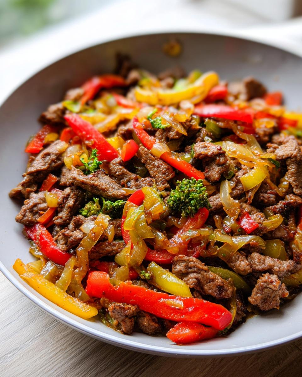 Nahaufnahme eines bunten Rindfleisch Pfannengericht mit Streifen von roter und gelber Paprika und Zwiebeln.