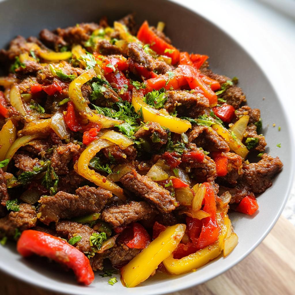 Nahaufnahme eines köstlichen Rindfleisch Pfannengericht mit Streifen von Rindfleisch, gelber und roter Paprika und Zwiebeln.