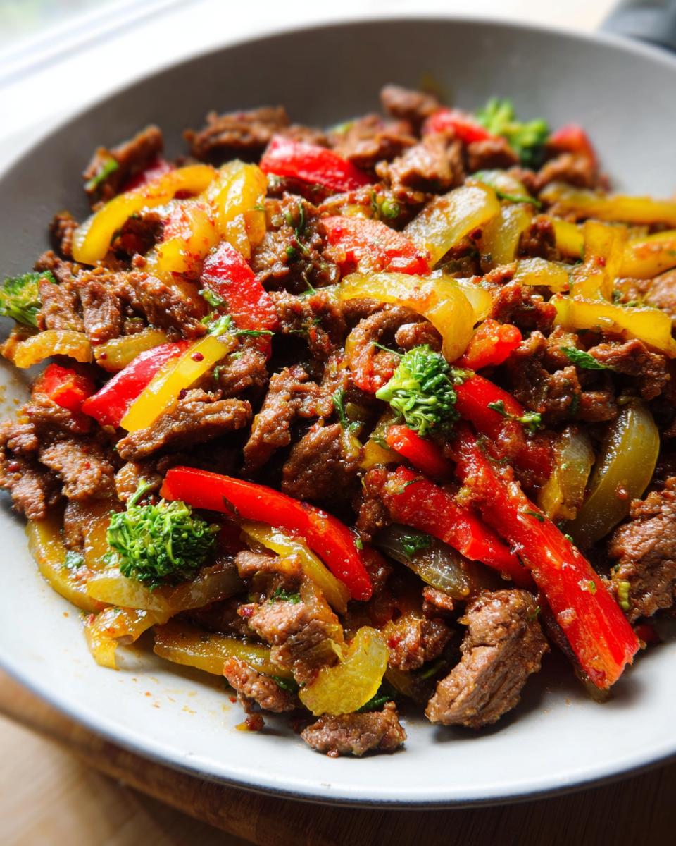 Nahaufnahme eines köstlichen Rindfleisch Pfannengericht mit Streifen von roter und gelber Paprika und Brokkoli.