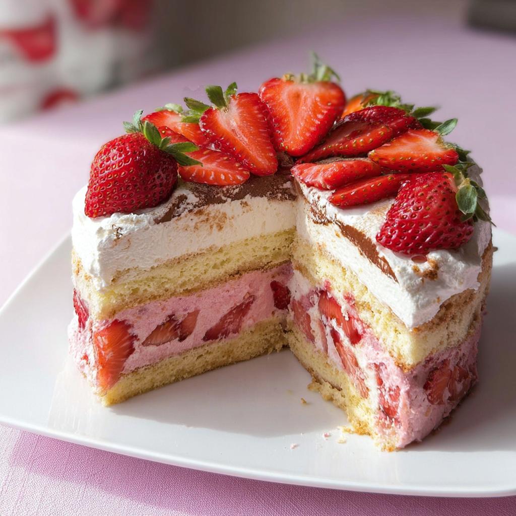 Schnittansicht eines saftigen Erdbeer Tiramisu Kuchen mit Schichten aus Biskuit, Erdbeercreme und Sahne, garniert mit frischen Erdbeeren.