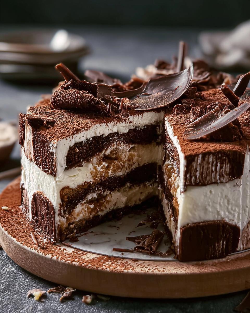 Ein angeschnittener Schokoladen Tiramisu Kuchen mit Schichten aus dunklem Biskuit und heller Creme, bestäubt mit Kakao.
