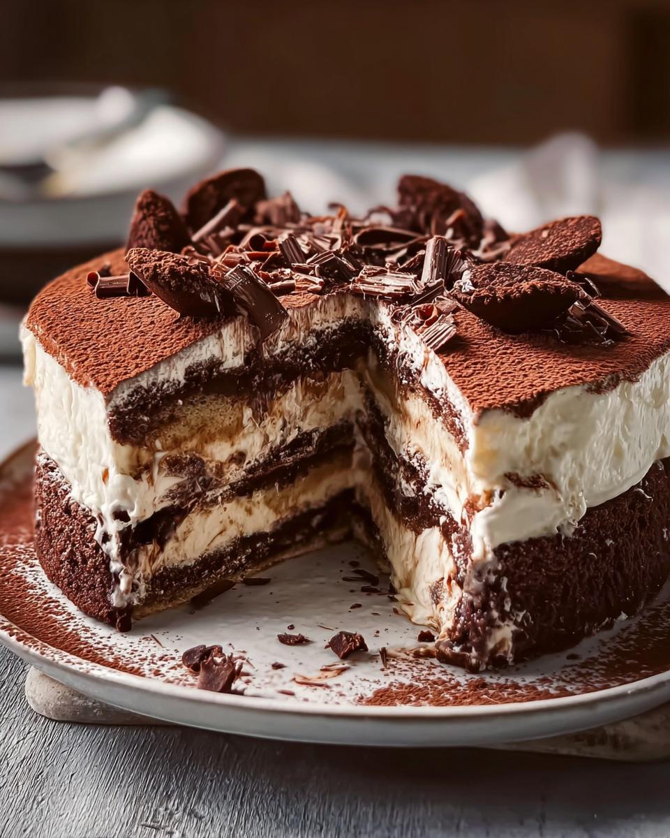 Ein angeschnittener Schokoladen Tiramisu Kuchen mit dicken Cremeschichten und Schokostreuseln obenauf.