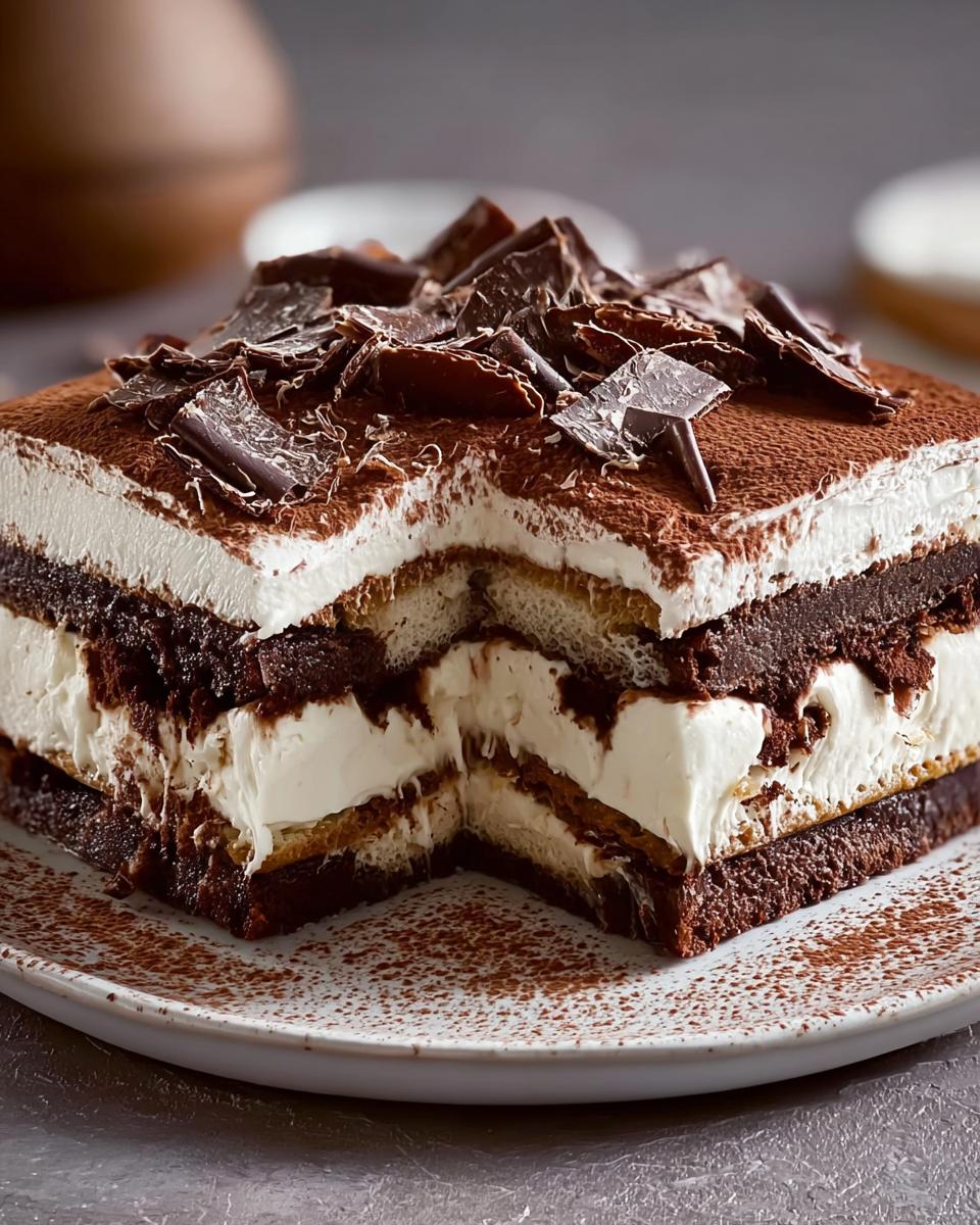 Ein angeschnittenes Stück Schokoladen Tiramisu Kuchen mit Schichten aus Creme, dunklem Kuchenboden und Schokostückchen.