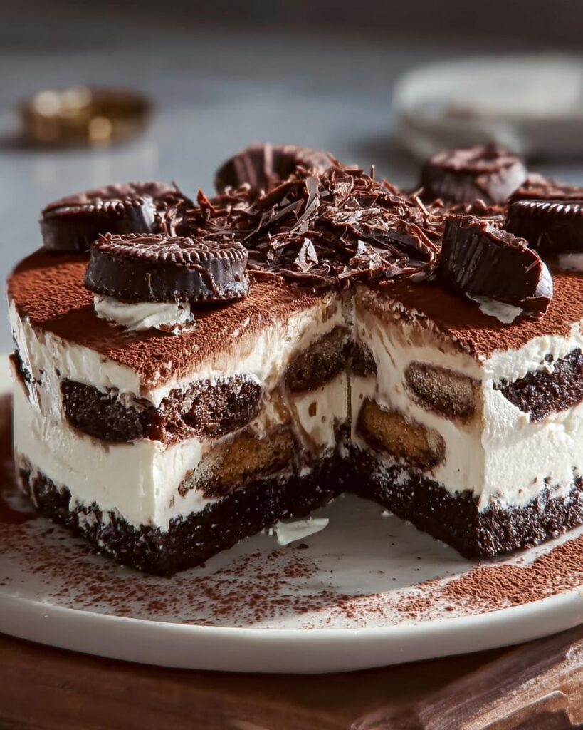 Aufgeschnittener Schokoladen Tiramisu Kuchen mit Schokoladenraspeln und Pralinen als Dekoration.