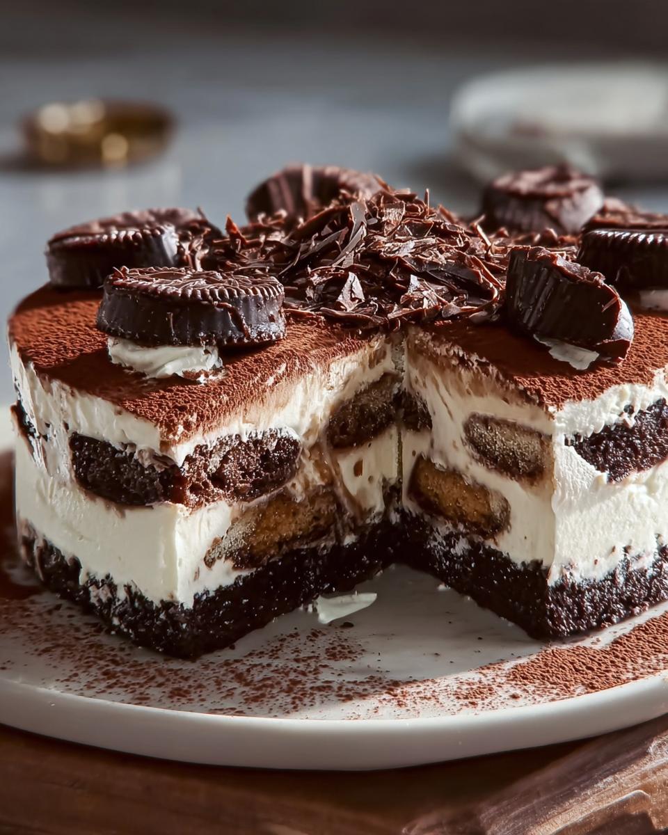 Aufgeschnittener Schokoladen Tiramisu Kuchen mit Schokoladenraspeln und Pralinen als Dekoration.