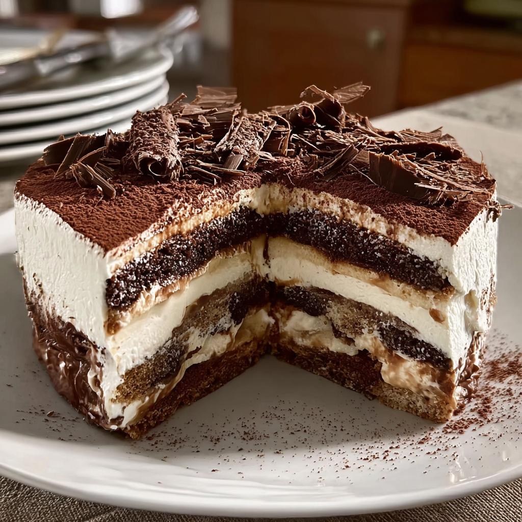 Aufgeschnittener Schokoladen Tiramisu Kuchen mit dicken Schichten Creme, dunklem Biskuit und Schokospänen obenauf.