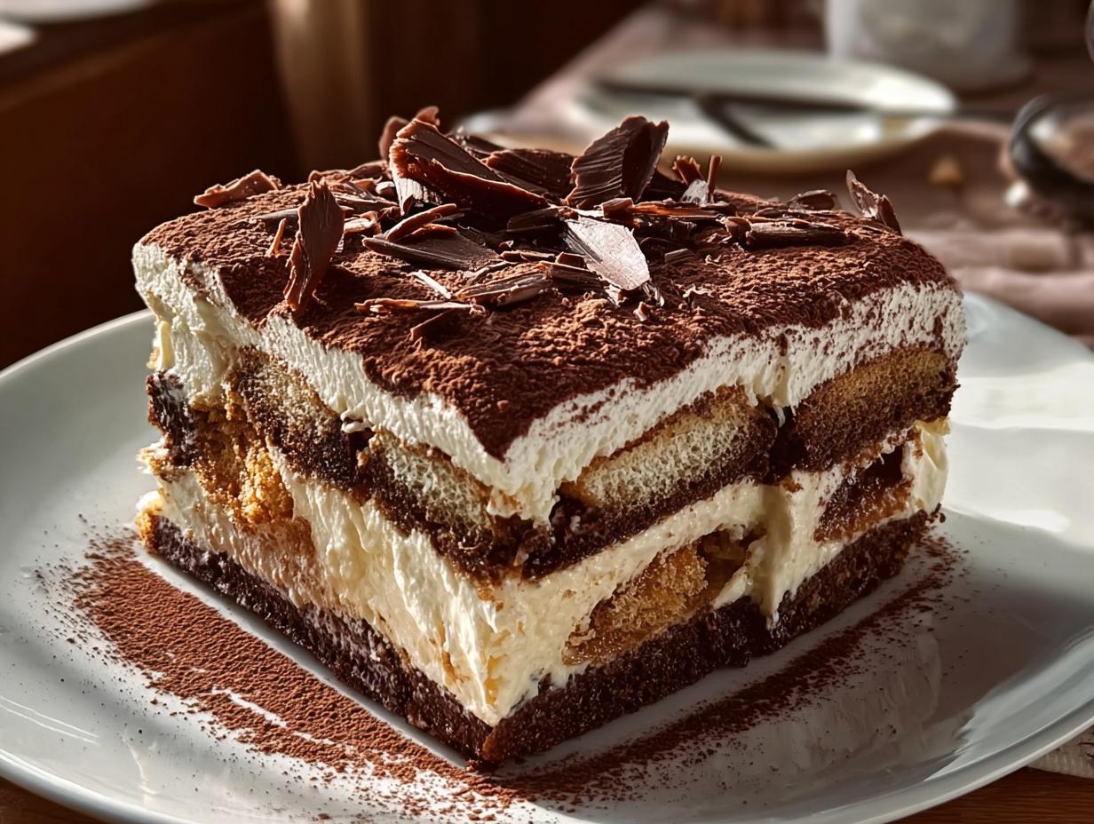 Ein saftiges Stück Schokoladen Tiramisu Kuchen mit Schichten von Creme, Löffelbiskuits und Schokostreuseln.