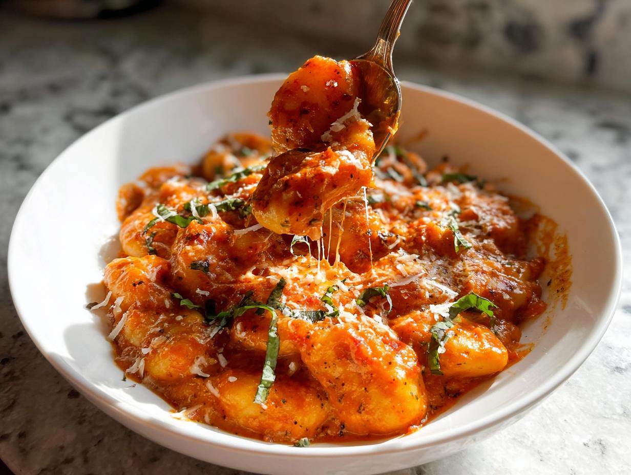 Ein Löffel zieht Fäden von geschmolzenem Käse aus einer Schüssel mit Spicy Tomato Gnocchi Bake.