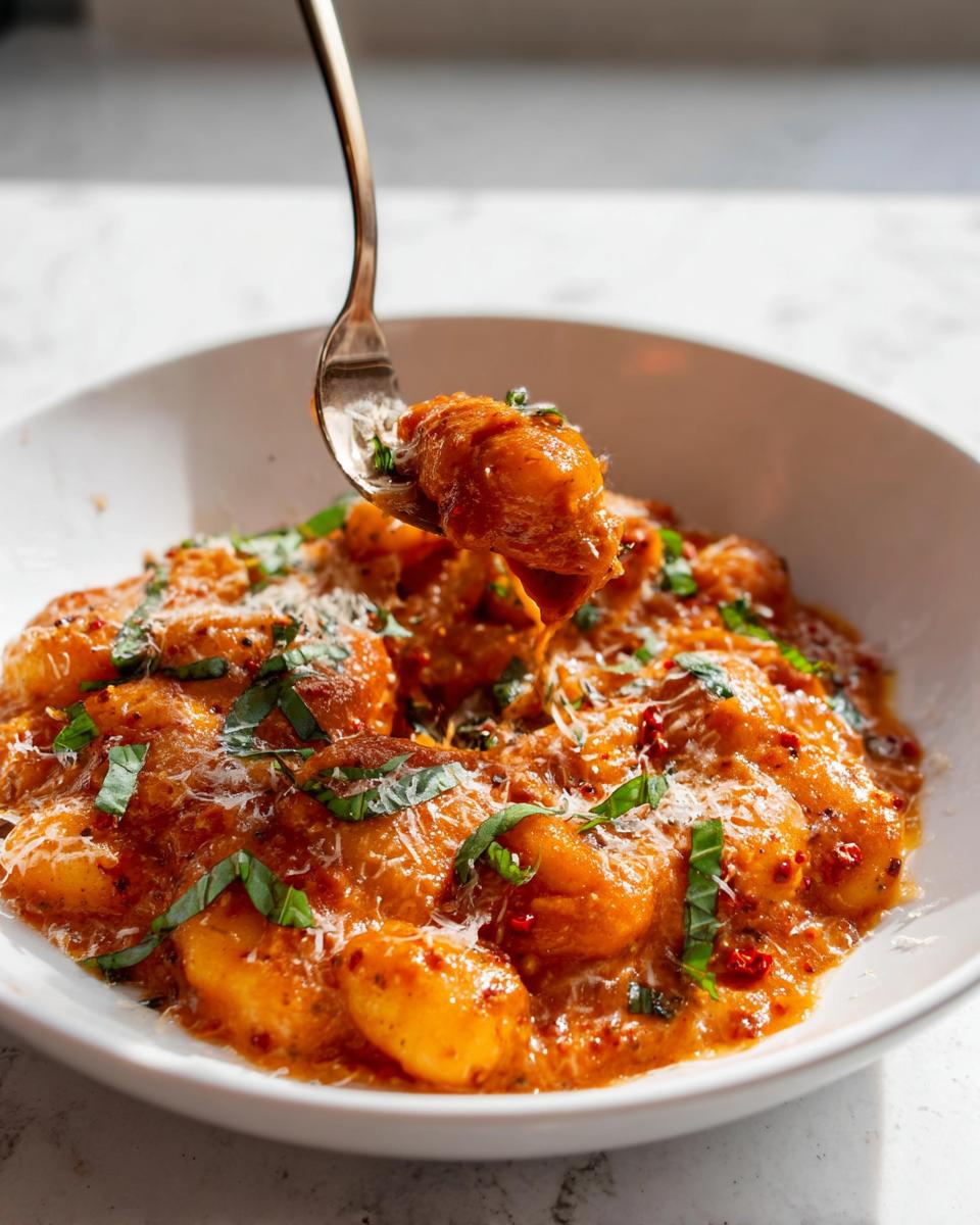 A fork lifts a piece of gnocchi coated in rich sauce from a bowl of Spicy Tomato Gnocchi Bake.