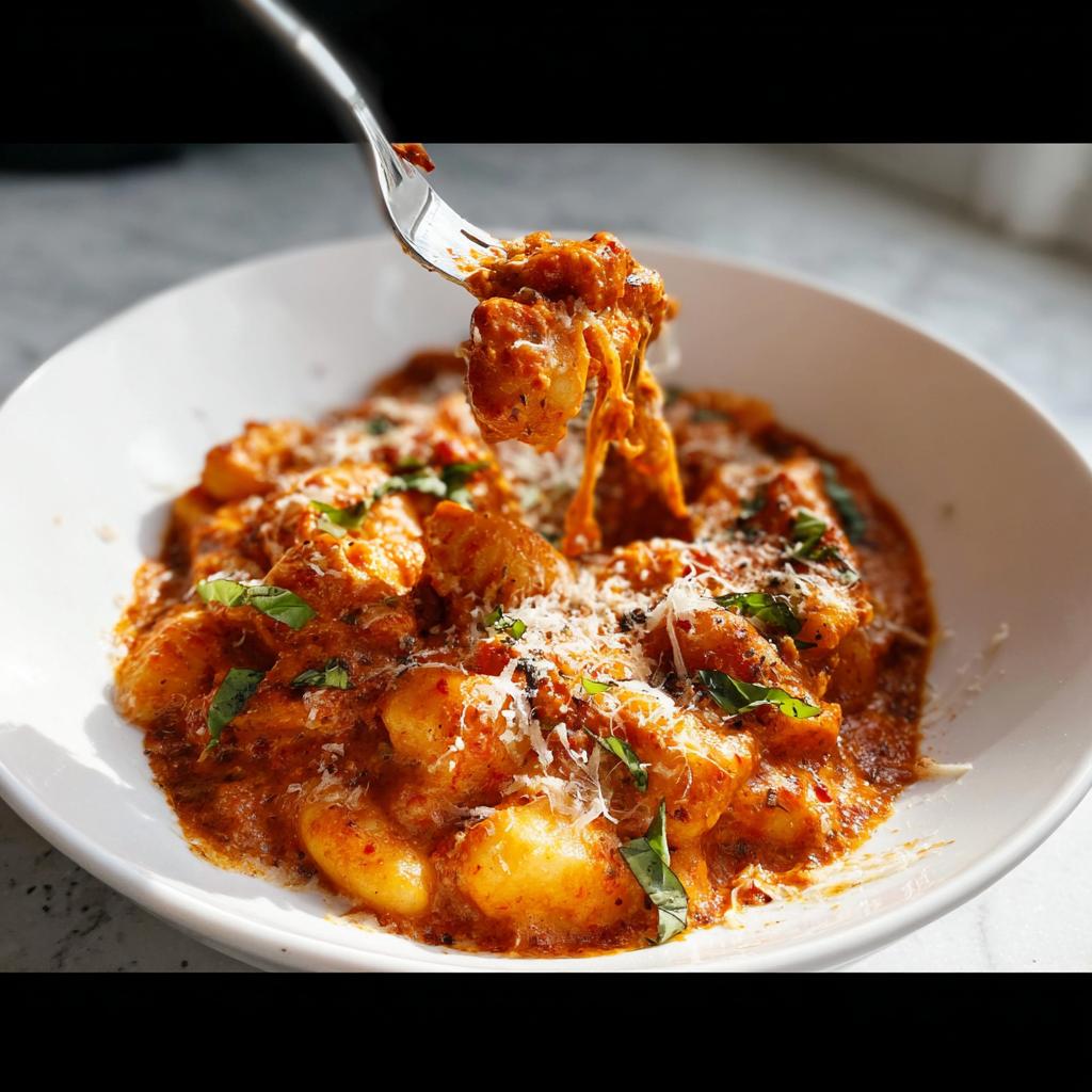 Gabel zieht Gnocchi aus einer Schüssel mit Spicy Tomato Gnocchi Bake, bedeckt mit Käse.