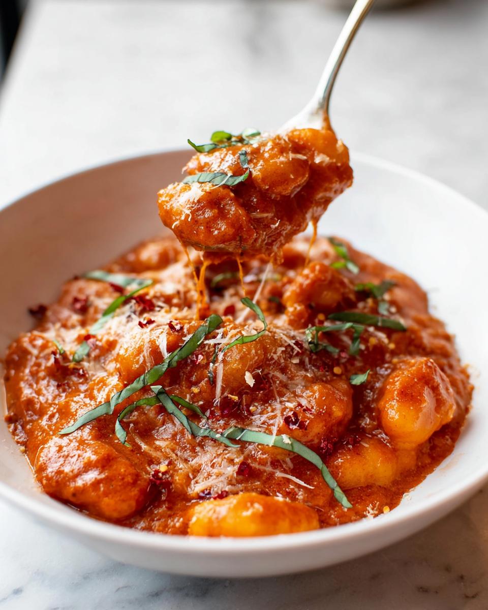 Ein Löffel hebt cremige Portionen des Spicy Tomato Gnocchi Bake mit geschmolzenem Käse und Basilikum hervor.