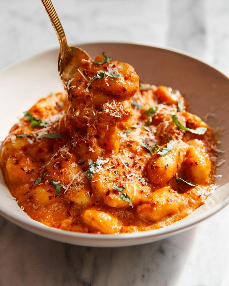 A spoonful of creamy Spicy Tomato Gnocchi Bake being lifted from a white bowl, topped with cheese and chili flakes.