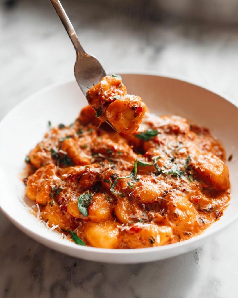A fork lifting a portion of creamy Spicy Tomato Gnocchi Bake, garnished with cheese and basil.