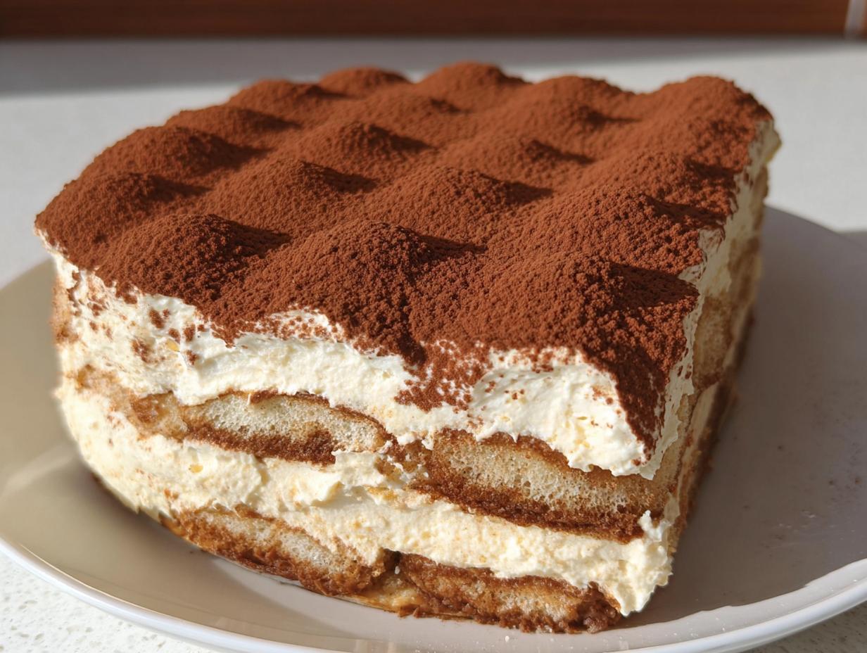 Schnittansicht eines cremigen Vanille Tiramisu Kuchen ohne Kaffee mit Kakaopulver bestäubt.