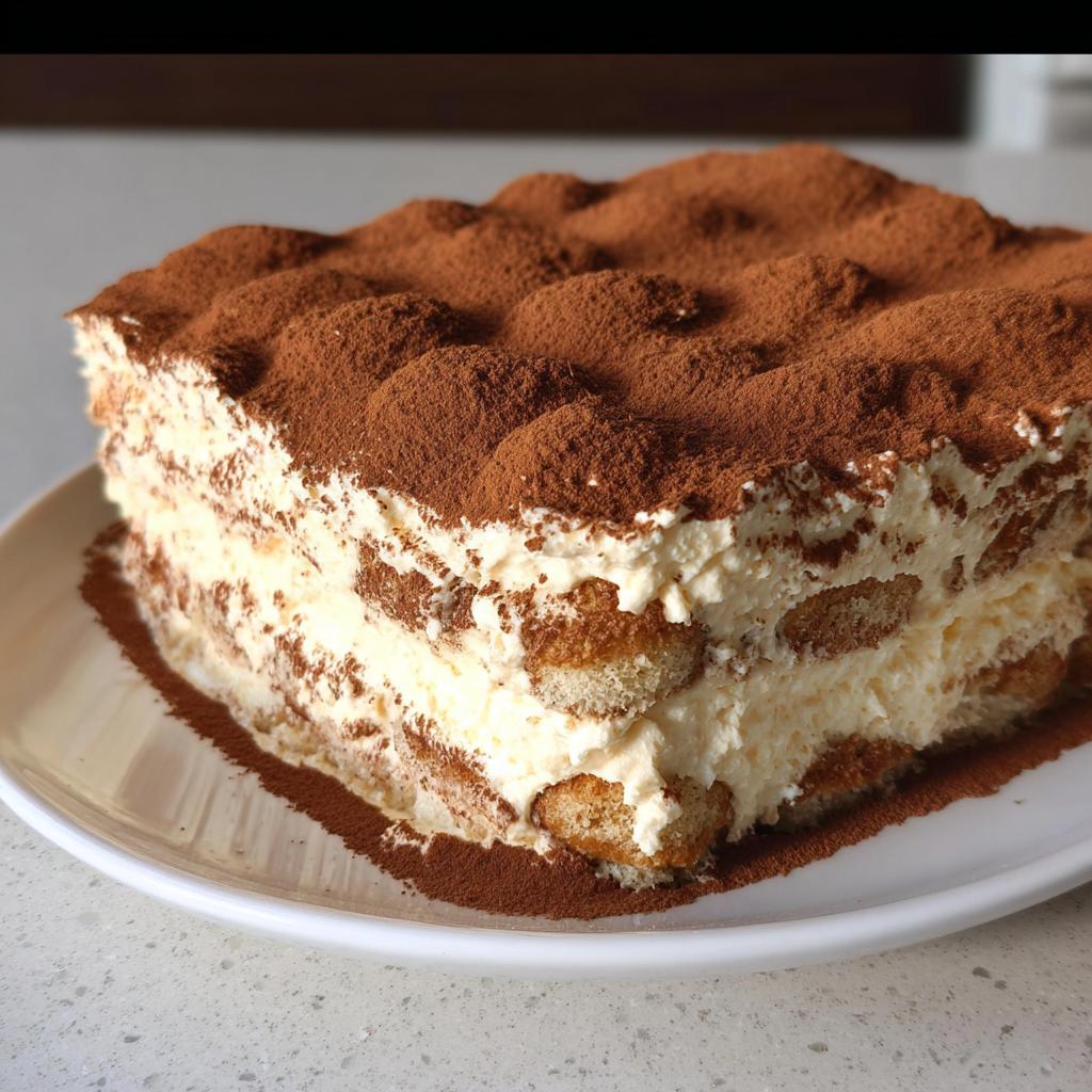 Ein Stück Vanille Tiramisu Kuchen ohne Kaffee, reichlich mit Kakaopulver bestäubt, auf einem weißen Teller.