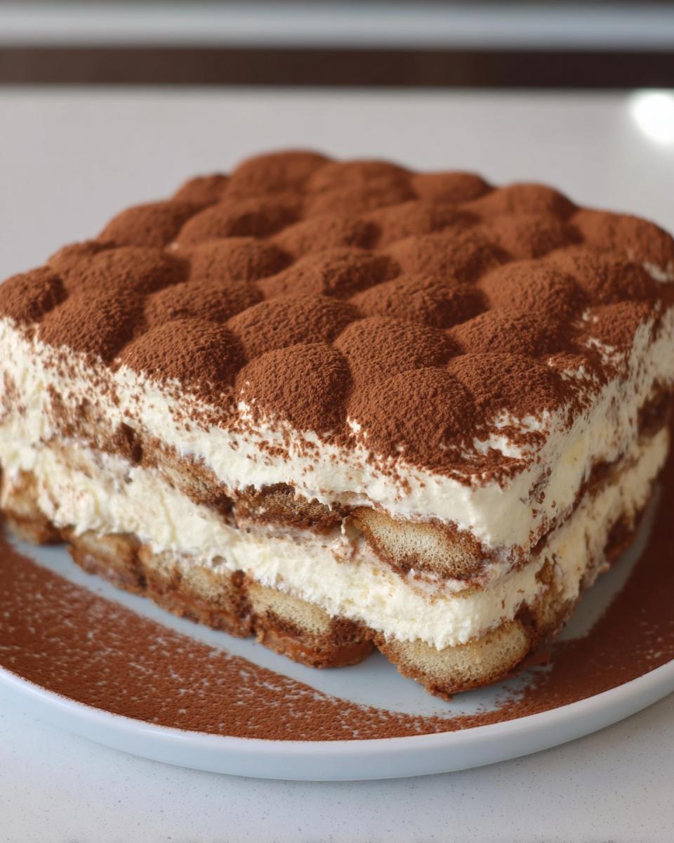 Ein ganzer Vanille Tiramisu Kuchen ohne Kaffee, geschichtet mit Creme und Löffelbiskuits, reichlich mit Kakaopulver bestäubt.