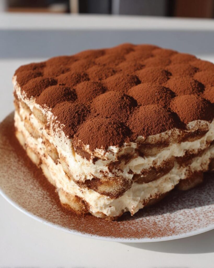 Ein ganzer Vanille Tiramisu Kuchen ohne Kaffee, reichlich mit Kakaopulver bestäubt, auf einem weißen Teller.