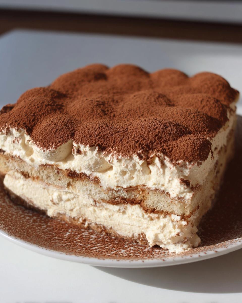 Ein großes Stück Vanille Tiramisu Kuchen ohne Kaffee mit cremigen Schichten und Kakaopulver-Topping auf einem weißen Teller.