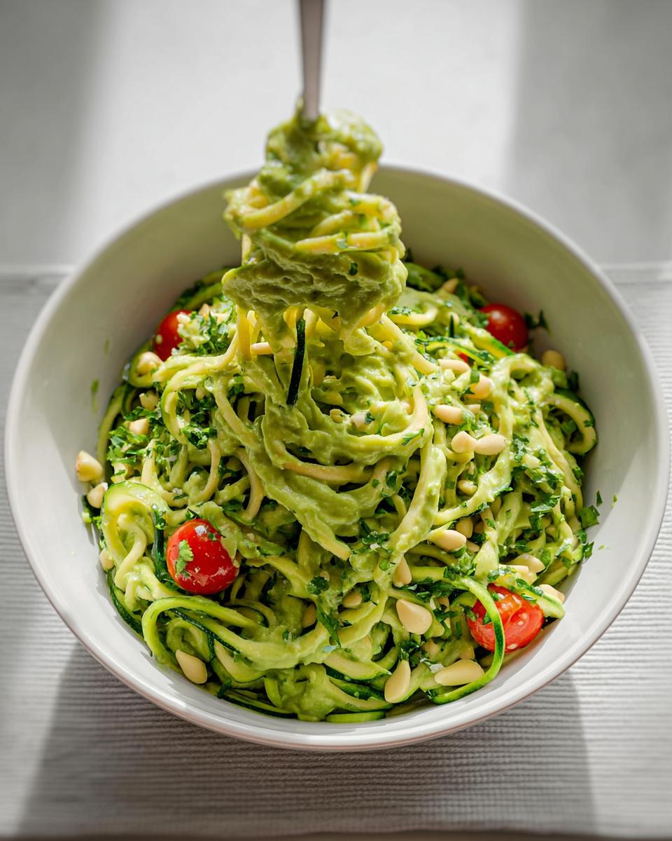 Gabel hebt Vegane Zucchini-Nudeln mit cremiger Avocado-Limetten-Sauce, Pinienkernen und Kirschtomaten hervor.