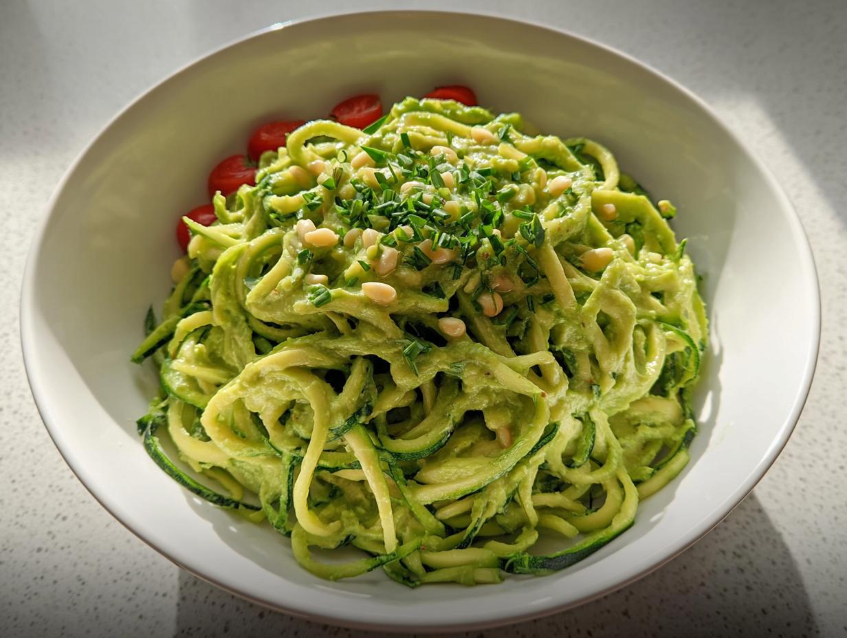 Eine Schüssel Vegane Zucchini-Nudeln mit cremiger, grüner Avocado-Limetten-Sauce, garniert mit Pinienkernen und Schnittlauch.