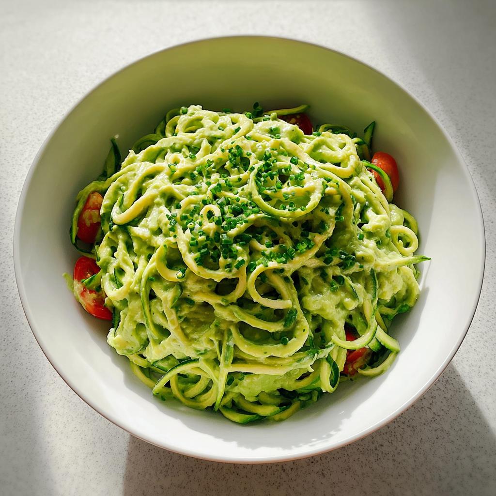 Schüssel mit Vegane Zucchini-Nudeln mit cremiger Avocado-Limetten-Sauce und Schnittlauch.