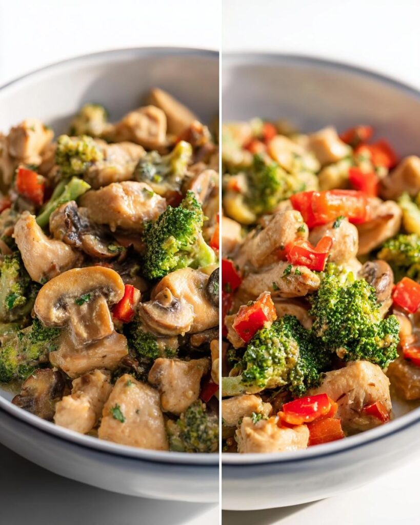 Nahaufnahme der fertigen Zitronen-Hähnchen Pfanne mit Brokkoli, Pilzen und roten Paprikastücken in einer Schüssel.