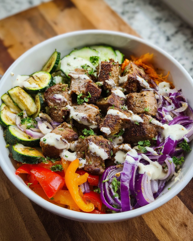 High protein kebab bowl with seasoned meatballs, roasted vegetables, red cabbage, zucchini, bell peppers, and creamy yogurt sauce.