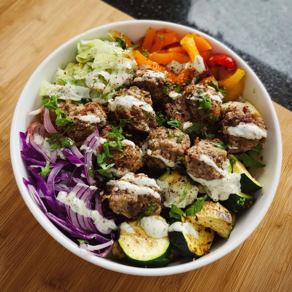 High protein kebab bowl with roasted vegetables, seasoned meatballs, zucchini, bell peppers, red cabbage, lettuce, and creamy yogurt sauce served in a white bowl.