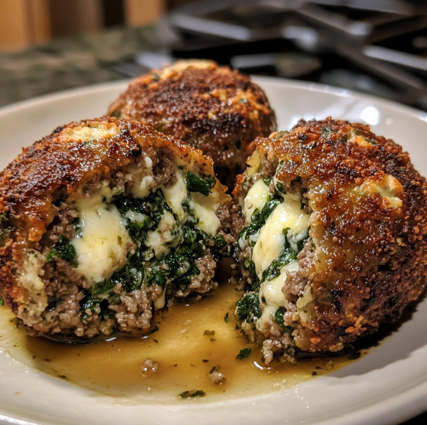 Spinach garlic meatballs with melted cheese and spinach filling, crispy on the outside and juicy inside, served warm on a plate
