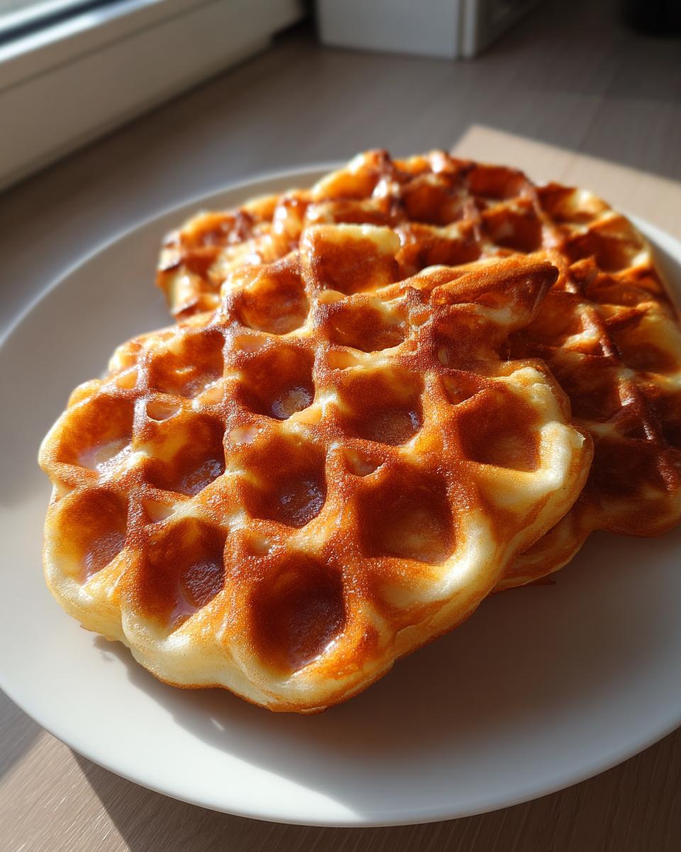 Zwei goldbraune Alte deutsche Waffeln, knusprig und frisch gebacken, liegen auf einem weißen Teller.