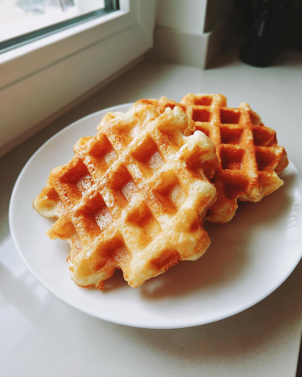 Drei goldbraun gebackene Alte deutsche Waffeln auf einem weißen Teller, appetitlich angerichtet.